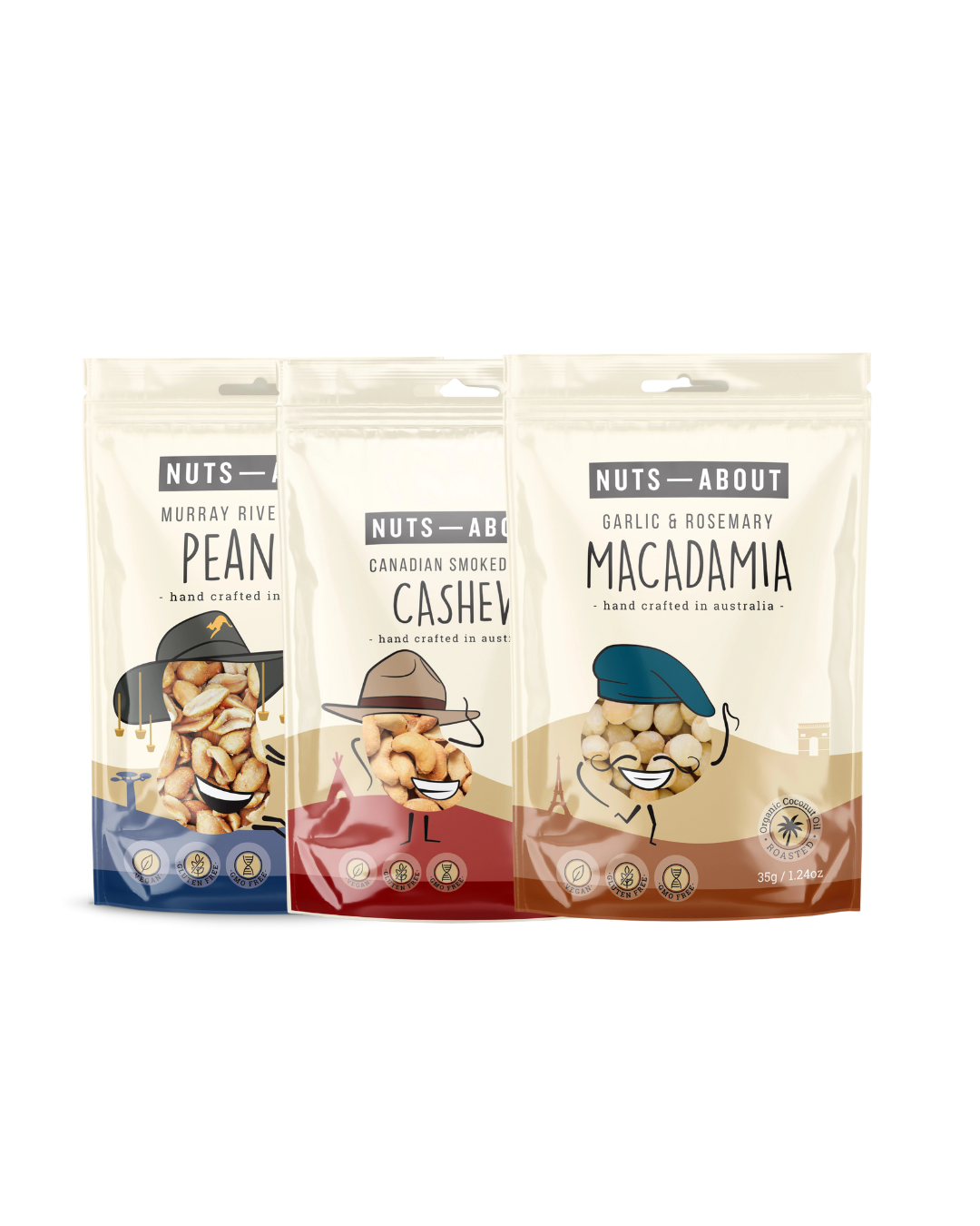 Three packages of different types of roasted nuts with cartoon characters on a white background