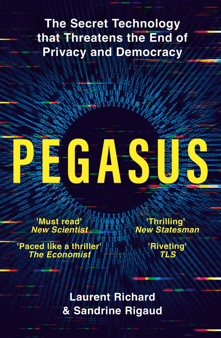 Book cover of 'Pegasus' with text about technology and privacy threats.