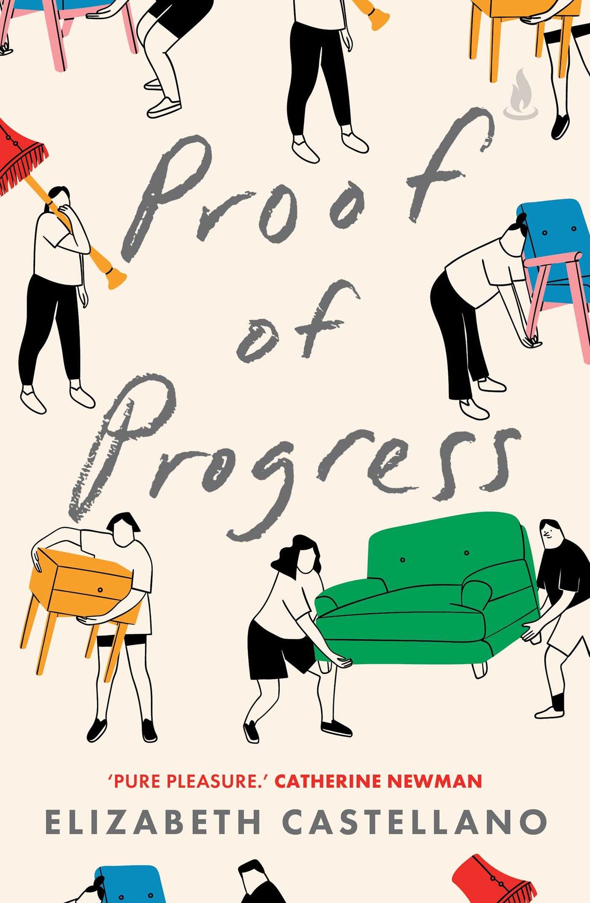 Book cover for 'Proof of Progress' by Elizabeth Castellano, featuring a cream background with hand-drawn illustrations of people carrying furniture in black, white, green, orange, and blue, with the title in large gray script.