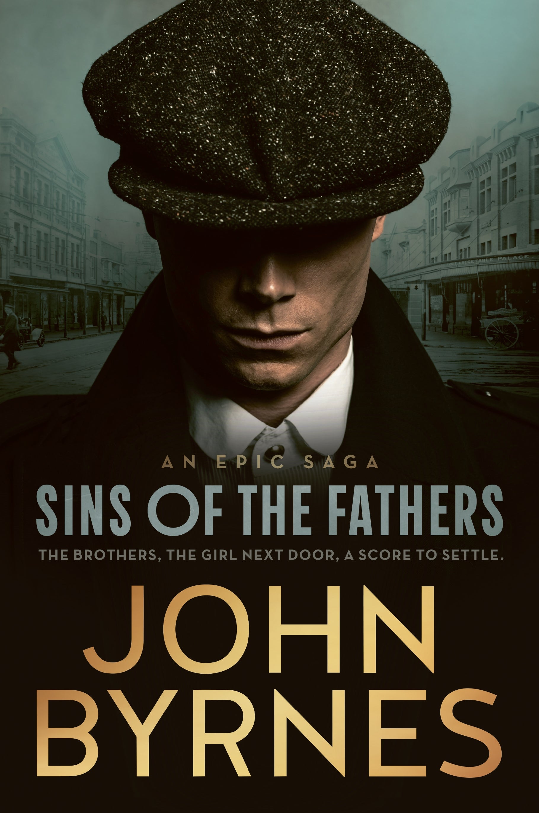 Book cover of 'Sins of the Fathers' by John Byrnes with a man wearing a cap and coat.