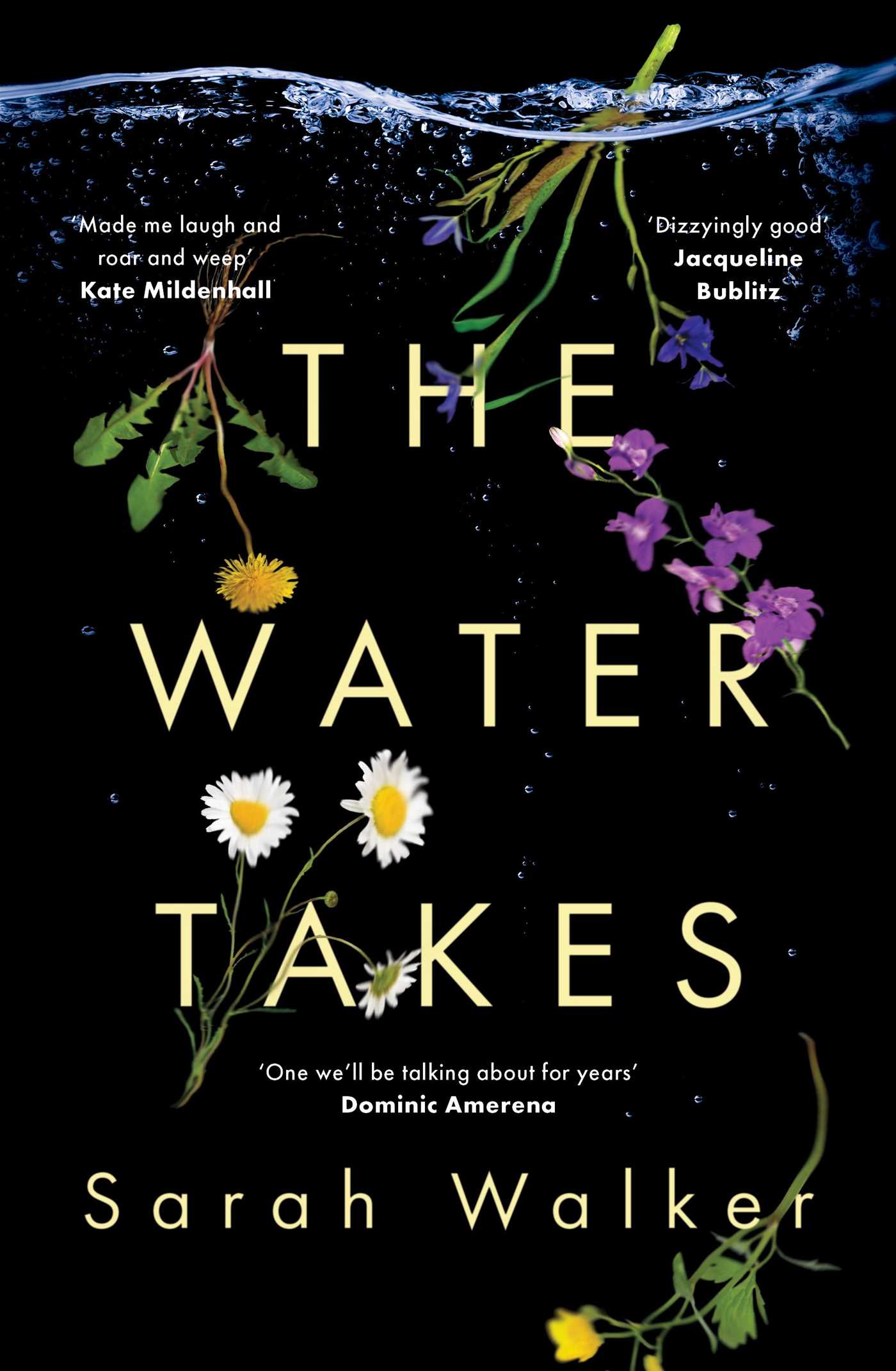 Book cover of 'The Water Takes' with flowers and underwater elements.