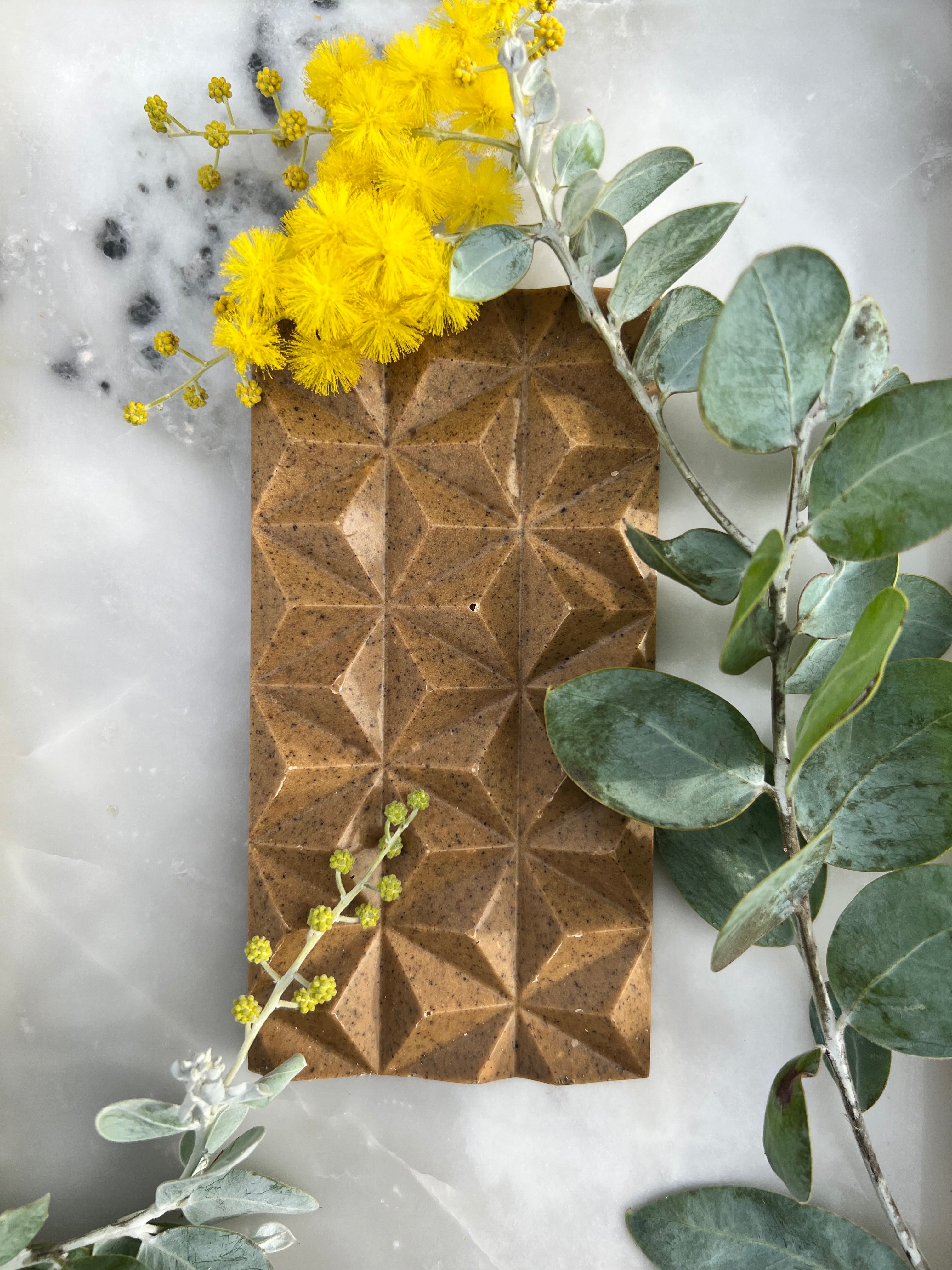 A rectangular brown textured bar, likely a soap or shampoo bar, styled in a flat-lay with green eucalyptus leaves and yellow flowers on a light marble surface.