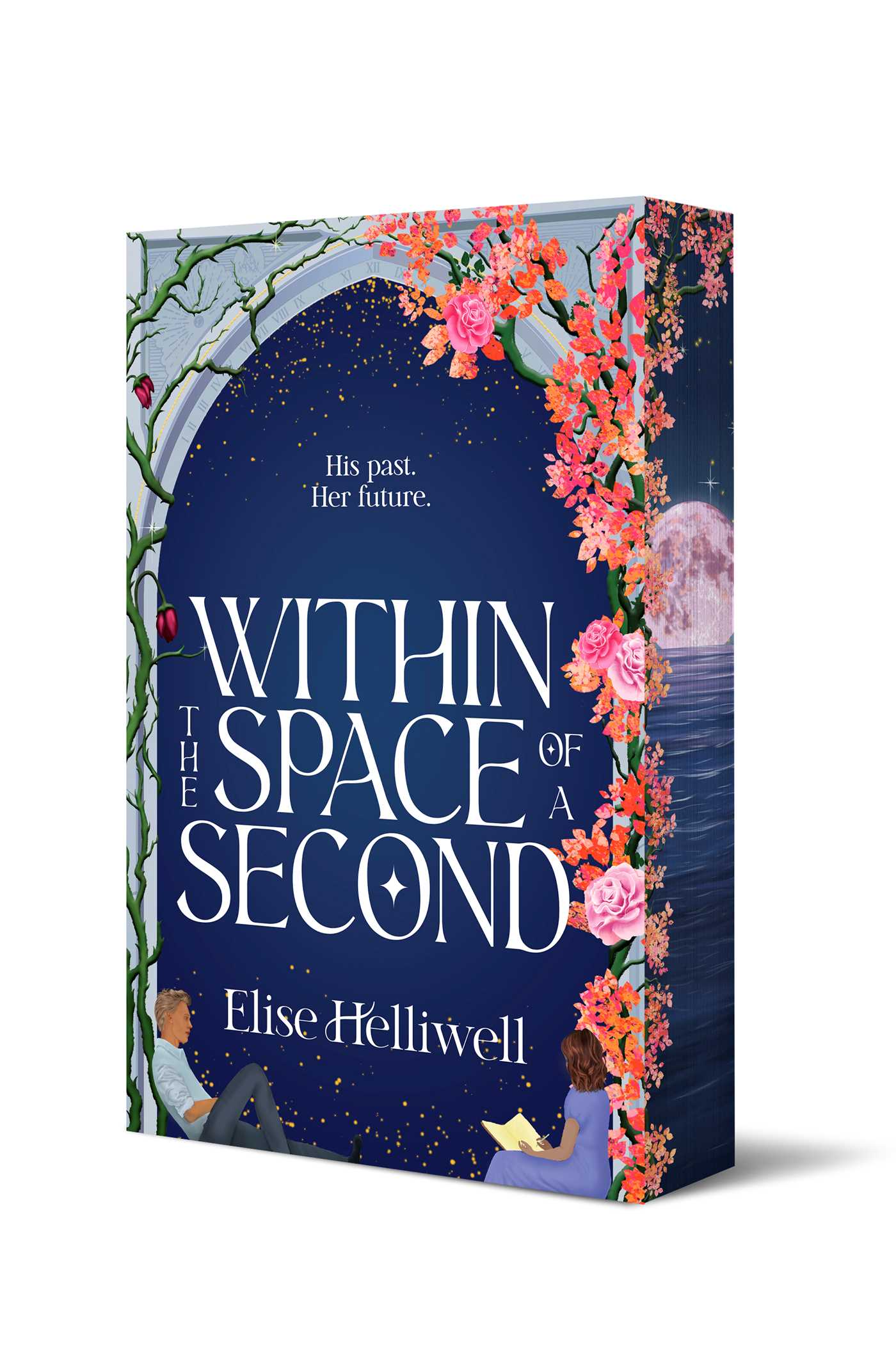 Book cover of 'Within the Space of a Second' by Elise Helliwell with floral design and couple illustration.
