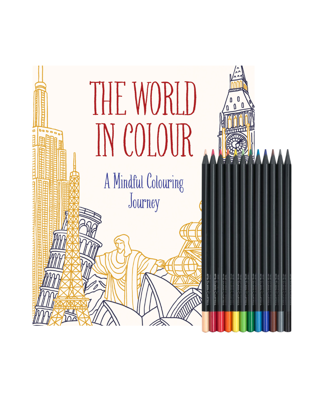 Coloring book titled 'The World in Colour' with illustrations of famous landmarks and colored pencils on a white background.