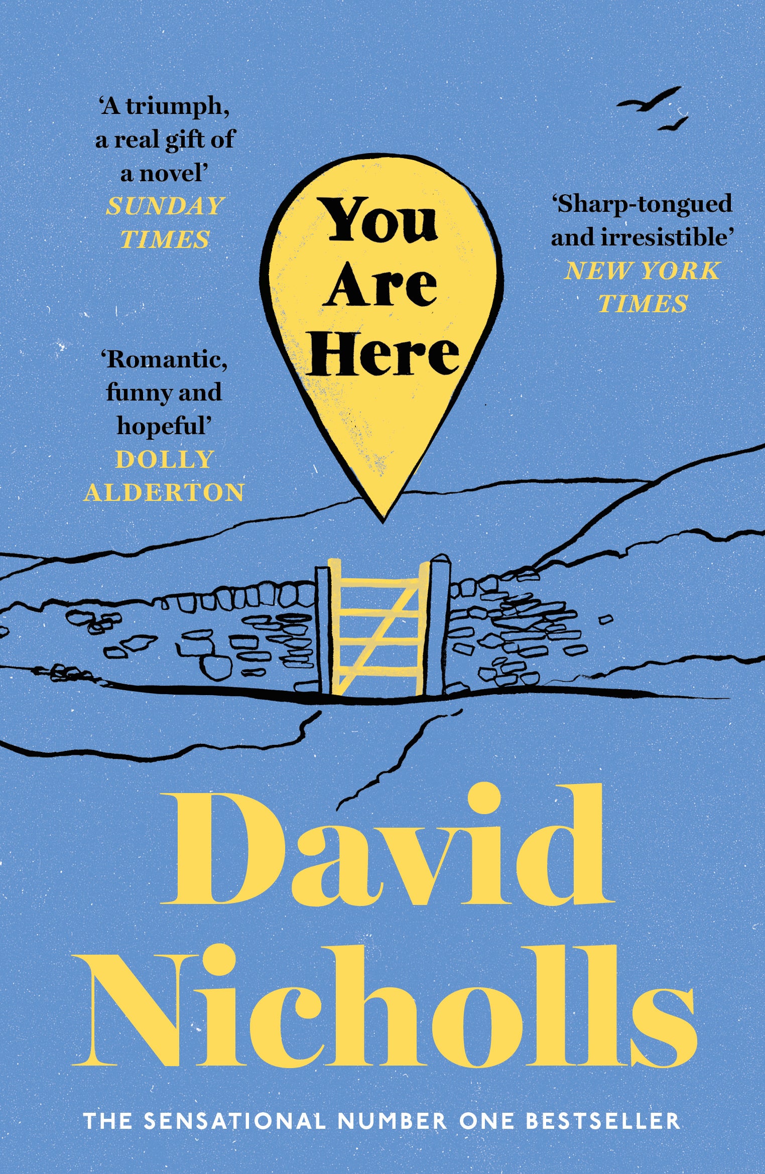 Book cover of 'You Are Here' by David Nicholls with a blue background and yellow elements.