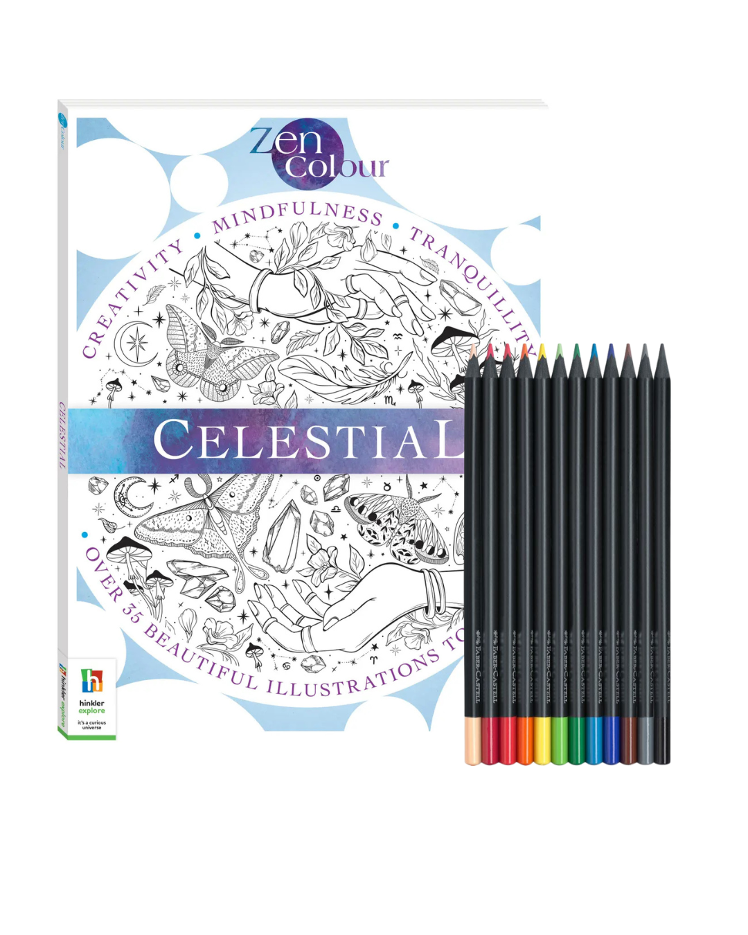 Zen Colour Celestial coloring book with colored pencils on a white background