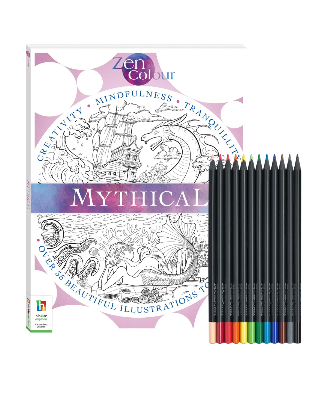 Zen Colour Mythical coloring book with colored pencils on a white background