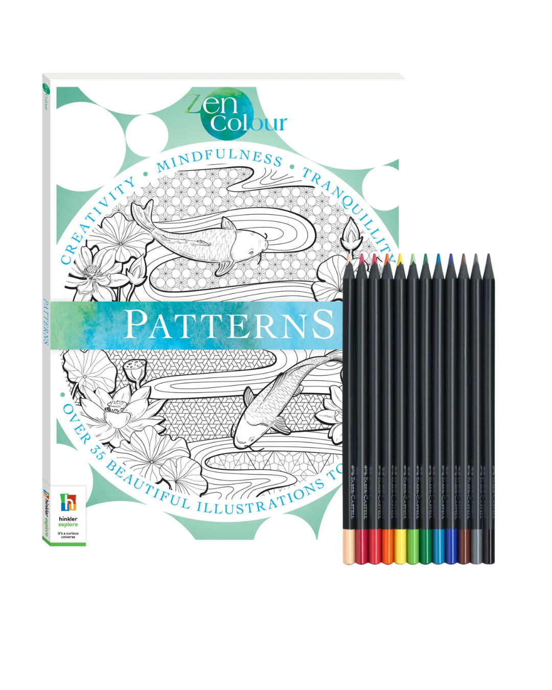 Coloring book titled 'Patterns' with a set of colored pencils on a white background